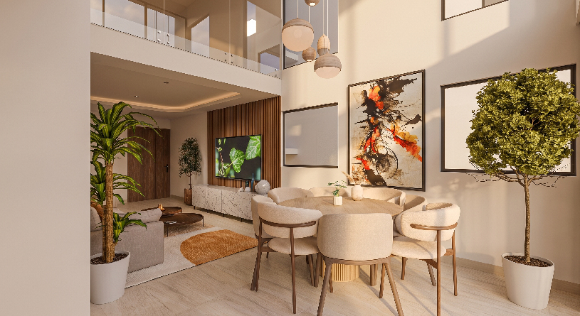 Distribución interior de Town House en Garden One Lomas del Río mostrando la conexión de la estancia con la terraza privada.