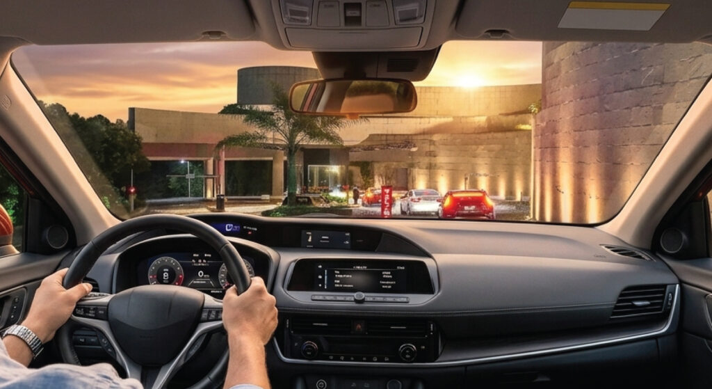 Vista desde el interior de un automóvil circulando por una vialidad del poniente de CDMX al atardecer, representando la eficiencia en los traslados diarios